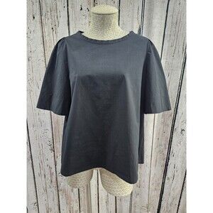MARELLA Women's L Black Cotton Blend Button Short‎ Sleeve Blouse Top Shirt EUC